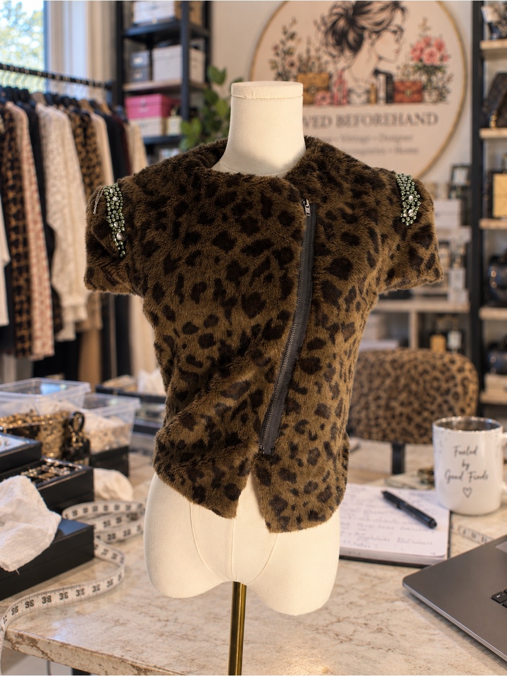 Vintage Leopard Print Faux Fur Asymmetric Zip Jacket with Crystal Shoulders